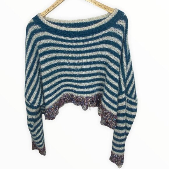 Nordstrom Pima Tinsel Striped Sweater Blue Size Medium Blue White Glitter Bling - Picture 5 of 12